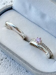 Par de Aliança Julieta 2mm + Solitário Romantic Rosa Claro - Prata 950