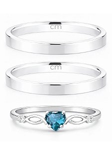 Par de Aliança Holanda 2mm + Solitário Love Azul Claro - Prata 950