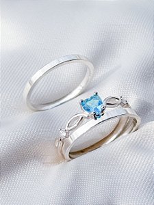 Par de Aliança Holanda 2mm + Solitário Love Azul Claro - Prata 950