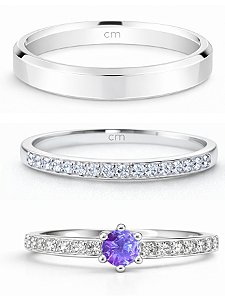 Par de Aliança França Cristal com pedra + Solitário Romantic roxo - Prata 950