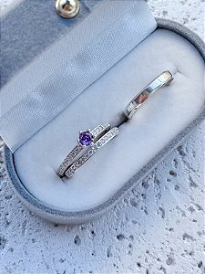 Par de Aliança França Cristal com pedra + Solitário Romantic roxo - Prata 950