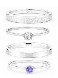 Par de Aliança Snow White 2mm e 3mm + Solitários - Prata 950