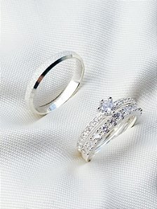Par de aliança Nobre diamantada + Solitário Rapunzel cristal - Prata 950