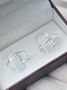 Par de Aliança Julieta 2mm + Solitário Romantic Cristal - Prata 950