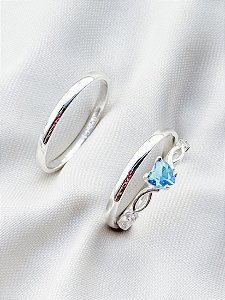 Par de Aliança Julieta 2mm + Solitário Love Azul - Prata 950