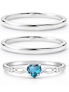 Par de Aliança Julieta 2mm + Solitário Love Azul - Prata 950