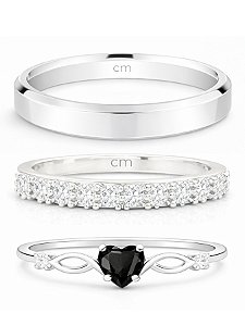Par de aliança Nobre Chanfrada com pedra + Solitário Love black - Prata 950