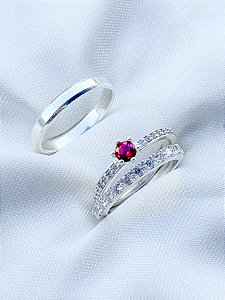 Par de aliança Nobre Chanfrada + Solitário Rapunzel vermelho - Prata 950