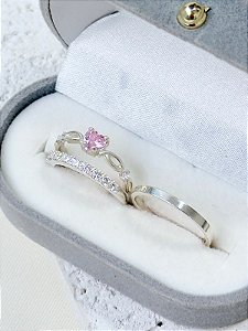 Par de aliança Nobre holanda com pedra + Solitário Love rosa - Prata 950