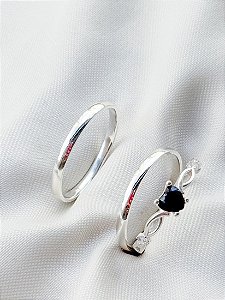 Par de Aliança Julieta 2mm + Solitário Love Black - Prata 950