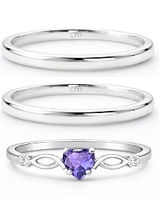 Par de Aliança Julieta 2mm + Solitário Love roxo - Prata 950