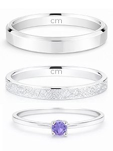 Par de Aliança Snow 3mm e 2mm Diamantado + Solitário Encanto Roxo - Prata 950