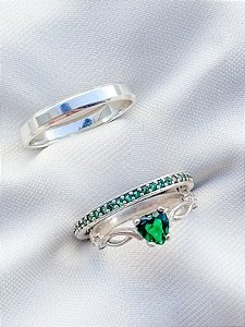 Par de Aliança Polonia com pedra verde + Solitário Love- Prata 950
