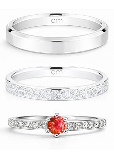 Par de Aliança Snow White 2mm e 3mm + Solitário Rapunzel vermelho - Prata 950
