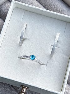 Par de Aliança diamantada 2mm + Solitário Rapunzel azul - Prata 950