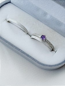 Par de Aliança diamantada 2mm + Solitário Rapunzel Roxo - Prata 950