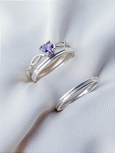 Par de Aliança Lovers + Solitário love roxo - Prata 950