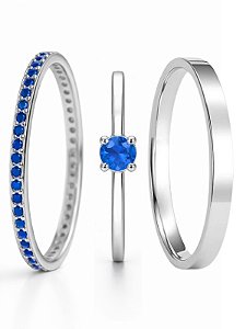 Par de Aliança Polonia com pedra azul + Solitário encanto royal - Prata 950