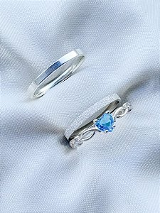 Par de Aliança Snow White 2mm Diamantado + Solitário Love Azul - Prata 950