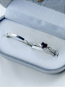 Par de Aliança Snow White 2mm + Solitário Love Black - Prata 950