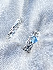Par de Aliança Mônaco com pedra + Solitário Love azul - Prata 950