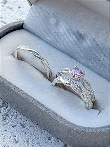 Par de Aliança Mônaco com pedra + Solitário Love rosa - Prata 950