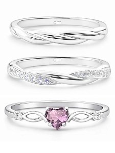 Par de Aliança Mônaco com pedra + Solitário Love rosa - Prata 950
