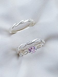 Par de Aliança Mônaco com pedra + Solitário Love rosa - Prata 950