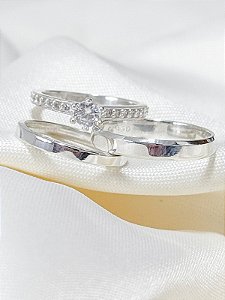 Par de Aliança Holanda e Chanfrada + Solitário Rapunzel Cristal - Prata 950