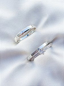 Par de Aliança Holanda e Chanfrada + Solitário Rapunzel Cristal - Prata 950