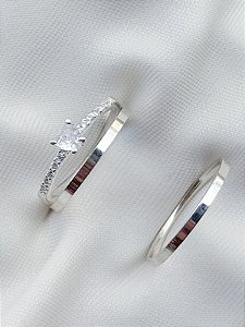 Par de Aliança Holanda 1,5mm + Solitário mini Love - Prata 950