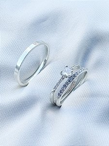 Par de alianças Polônia com pedra + Solitário mini Love - Prata 950