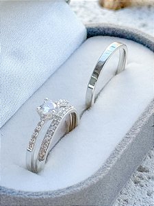 Par de alianças Polônia com pedra + Solitário mini Love - Prata 950