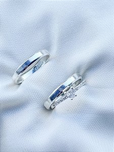 Par de Aliança Chanfrada + Solitário mini Love - Prata 950