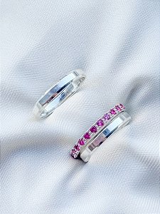 Par de Aliança Chanfrada + Solitário Pace rosa - Prata 950