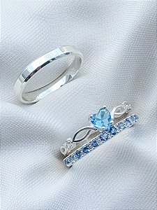 Par de Aliança Pace com pedra azul + Solitário love azul claro - Prata 950