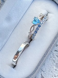 Par de Aliança Pace com pedra azul + Solitário love azul claro - Prata 950