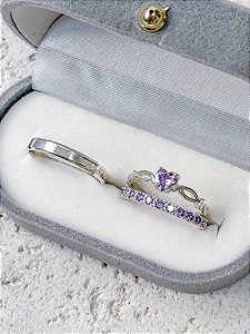 Par de Aliança Pace com pedra roxa + Solitário love roxo - Prata 950