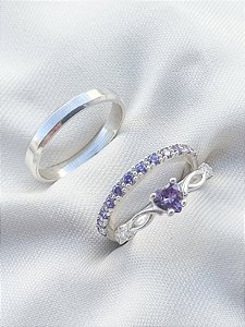 Par de Aliança Pace com pedra roxa + Solitário love roxo - Prata 950
