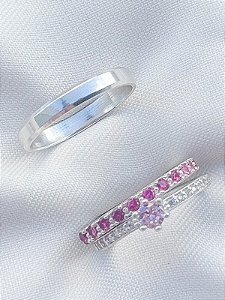 Par de aliança Pace rosa + Solitário romantic rosa - Prata 950