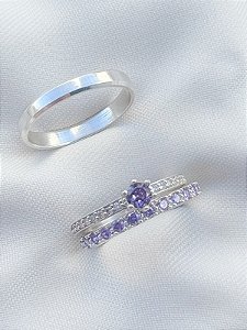 Par de aliança Pace roxo + Solitário romantic roxo - Prata 950
