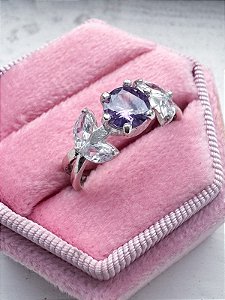 Anel Solitário Folha Roxo - Prata 950
