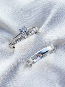 Par de aliança Pace chanfrada com pedra + Solitário encanto cristal - Prata 950