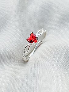 Anel Solitário Love vermelho - Prata 950