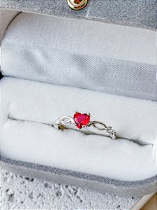 Anel Solitário Love vermelho - Prata 950