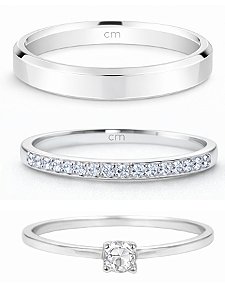 Par de Aliança França Cristal com pedra + solitário encanto - Prata 950