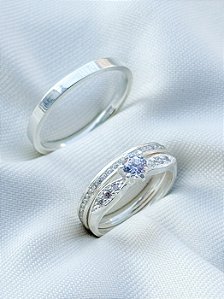 Par de aliança Polonia + Solitário Butterfly - Prata 950