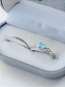 Par de Aliança Bella + Solitário Love azul claro - Prata 950