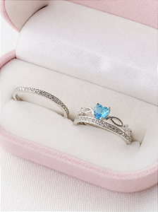 Par de Aliança Bella + Solitário Love azul claro - Prata 950