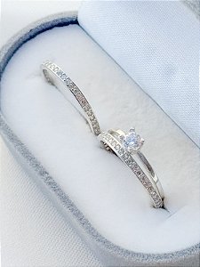 Par de Aliança Bella + Solitário Encanto cristal - Prata 950
